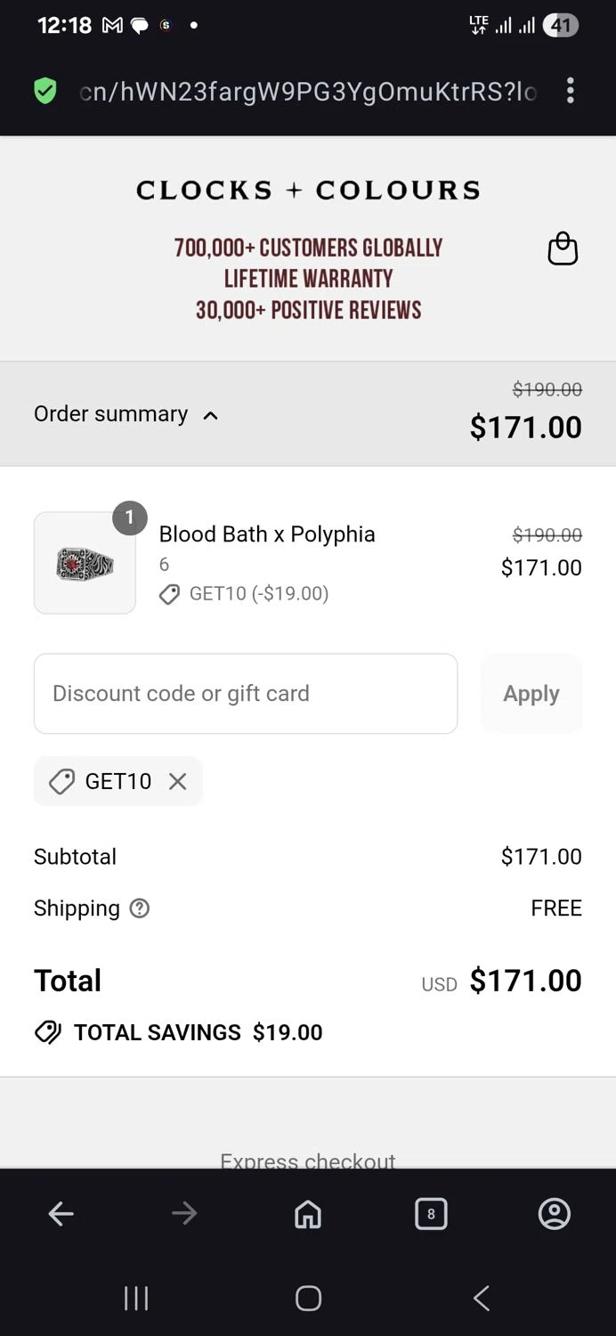 Clocks and Colours discount code screenshot showing code Get10 applied at Clocks and Colours checkout page. Uploaded by SimplyCodes community member vida5254427716958 on Aug 21, 2025