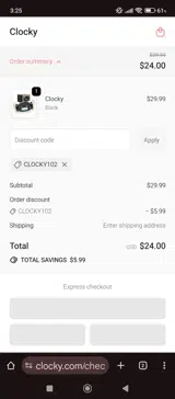 clocky102 coupon verification screenshot
