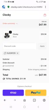 Clocky25 coupon verification screenshot