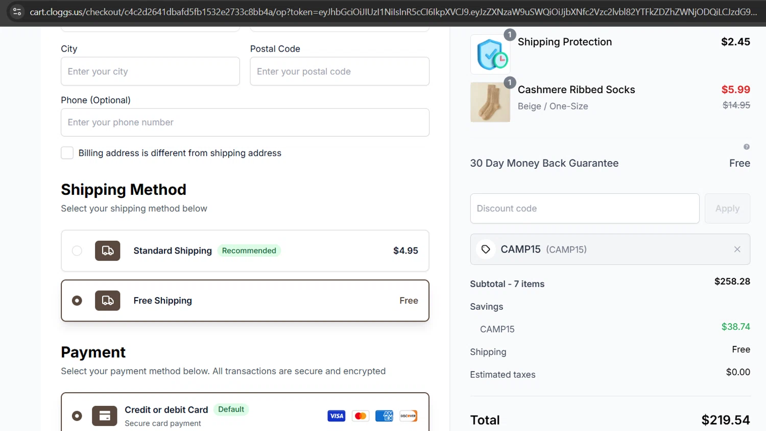 Clogg's promo code screenshot showing code camp15 applied at Clogg's checkout page. Uploaded by SimplyCodes community member Gray_75 on Oct 3, 2025