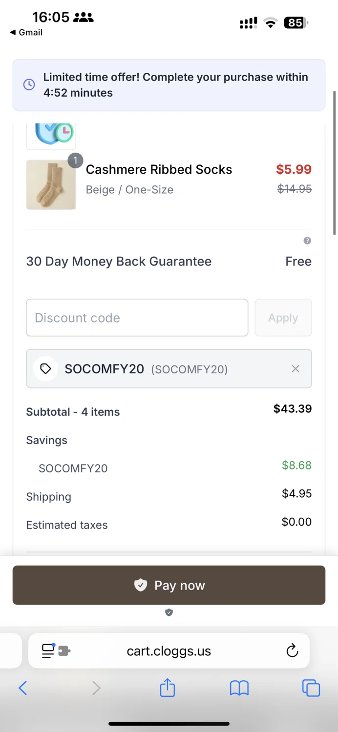 Clogg's promo code screenshot showing code Socomfy20 applied at Clogg's checkout page. Uploaded by SimplyCodes community member ______________________________ on Oct 31, 2025
