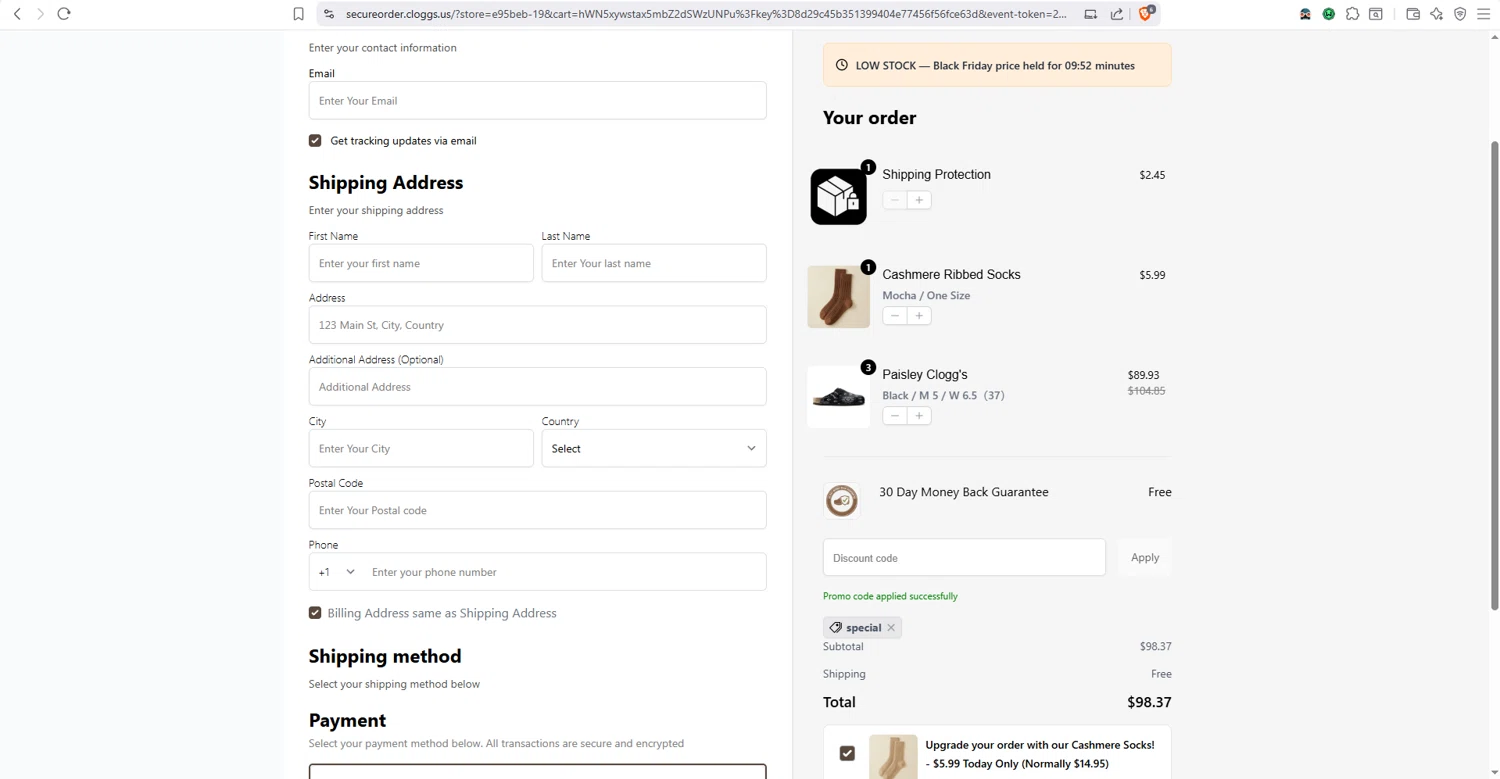 Clogg's promo code screenshot showing code special applied at Clogg's checkout page. Uploaded by SimplyCodes community member dayselis15 on Dec 2, 2025