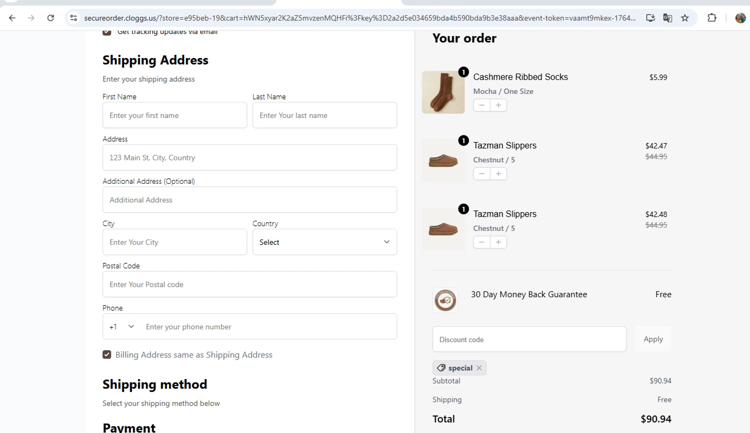 Clogg's promo code screenshot showing code special applied at Clogg's checkout page. Uploaded by SimplyCodes community member BB9542251456527 on Dec 2, 2025