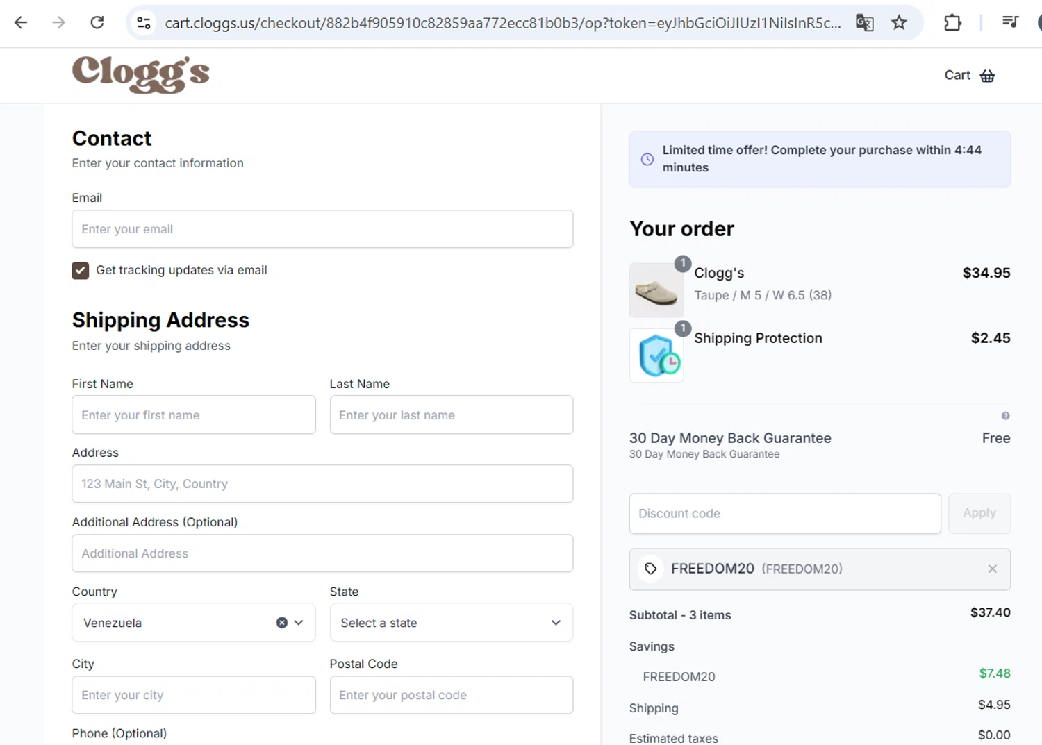 Clogg's promo code screenshot showing code freedom20 applied at Clogg's checkout page. Uploaded by SimplyCodes community member BB9542251456527 on Jul 4, 2025