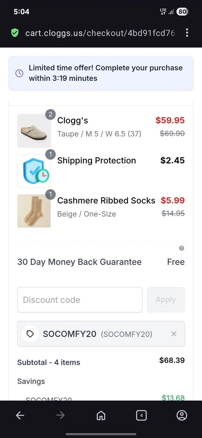 Clogg's promo code screenshot showing code Socomfy20 applied at Clogg's checkout page. Uploaded by SimplyCodes community member BB9542251456527 on Oct 31, 2025
