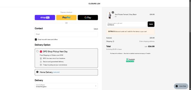 Closure London checkout page showing Closure London discount code box | Screenshot taken by SimplyCodes community member on Jun 8, 2025