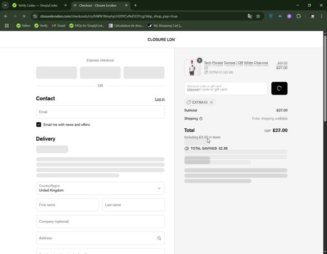 Closure London checkout page showing Closure London discount code box | Screenshot taken by SimplyCodes community member on Jul 28, 2025