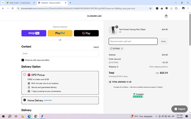 Closure London checkout page showing Closure London discount code box | Screenshot taken by SimplyCodes community member on Apr 6, 2025