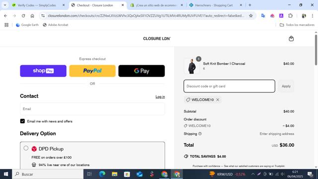 Closure London checkout page showing Closure London discount code box | Screenshot taken by SimplyCodes community member on Apr 6, 2025