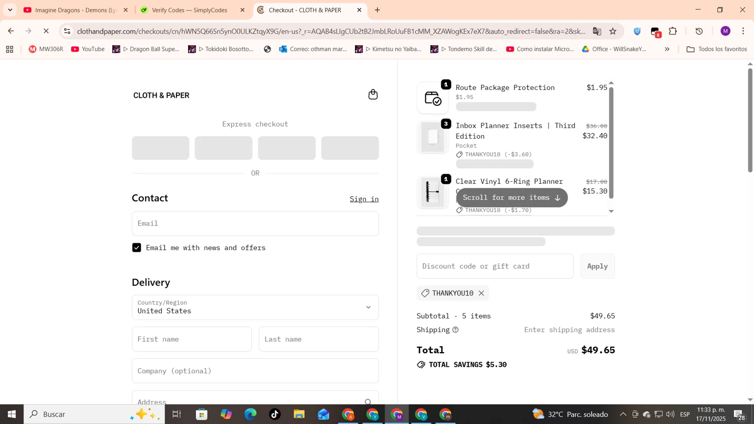 Cloth & Paper coupon code screenshot showing code THANKYOU10 applied at Cloth & Paper checkout page. Uploaded by SimplyCodes community member cod_gakpo on Nov 18, 2025