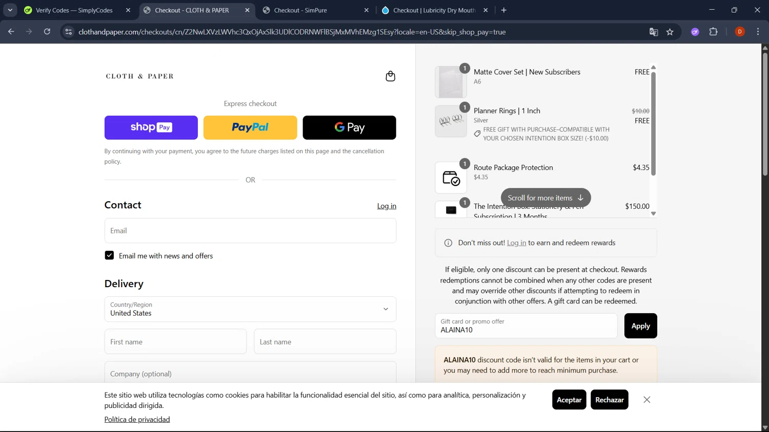 Cloth & Paper coupon code screenshot showing code ALAINA10 applied at Cloth & Paper checkout page. Uploaded by SimplyCodes community member RoyalSaver3150 on Jun 20, 2025