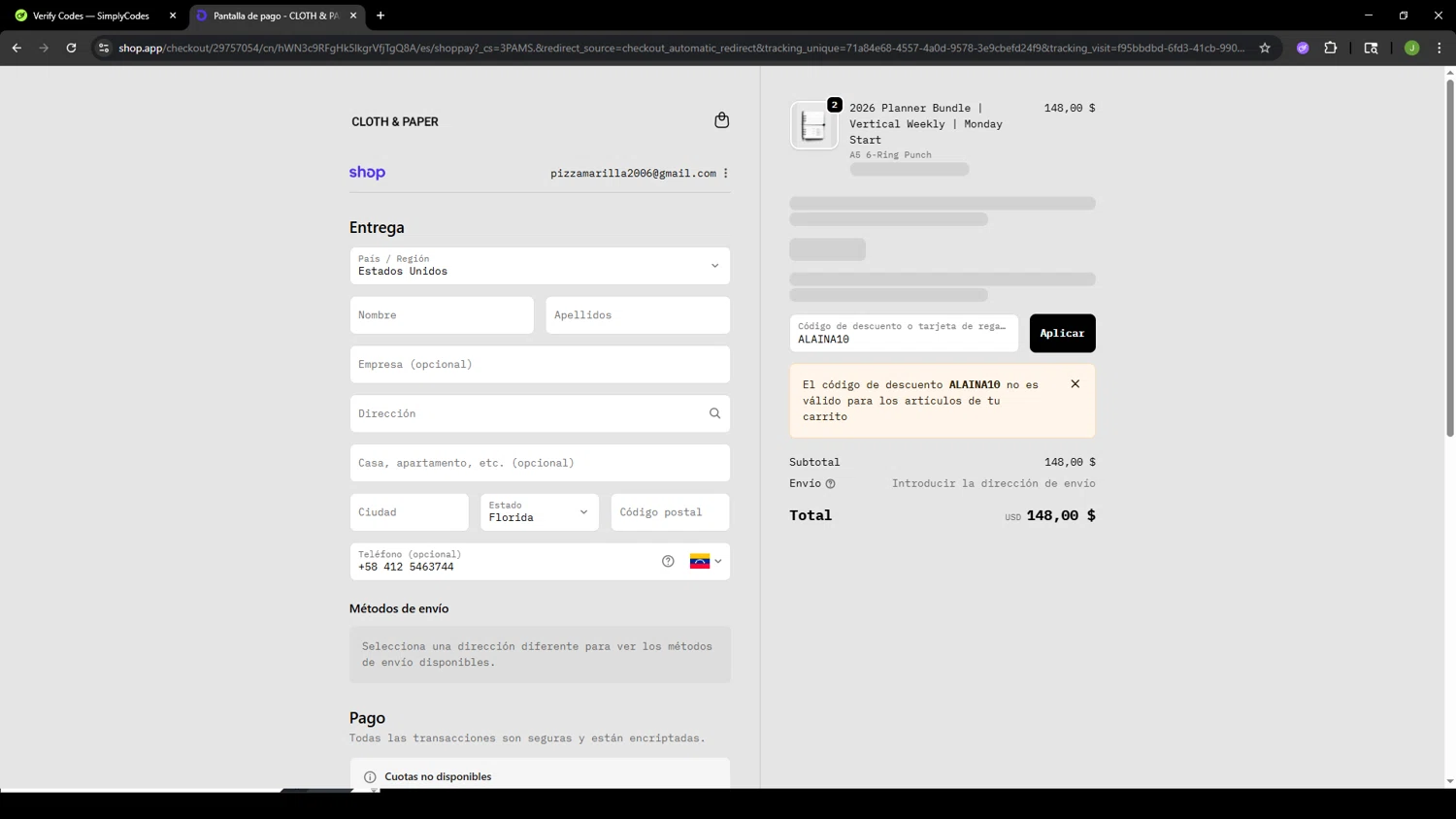 Cloth & Paper coupon code screenshot showing code ALAINA10 applied at Cloth & Paper checkout page. Uploaded by SimplyCodes community member SAIKOO on Oct 1, 2025
