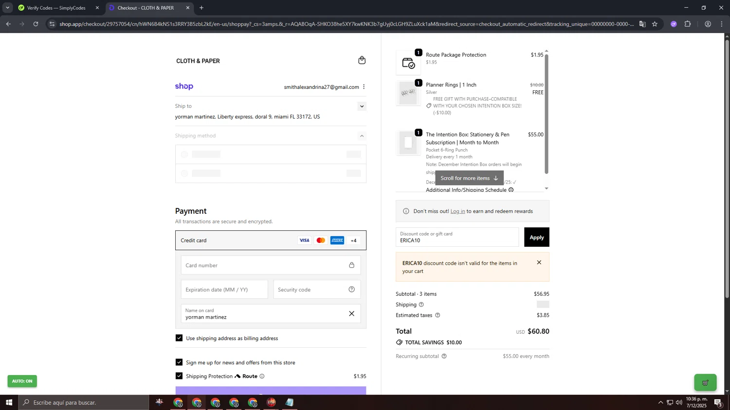 Cloth & Paper coupon code screenshot showing code ERICA10 applied at Cloth & Paper checkout page. Uploaded by SimplyCodes community member 000000ooooooooooo on Dec 8, 2025