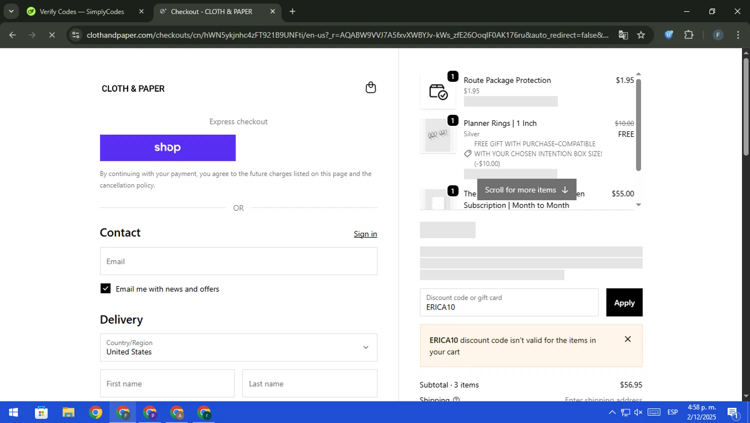 Cloth & Paper coupon code screenshot showing code ERICA10 applied at Cloth & Paper checkout page. Uploaded by SimplyCodes community member pajarito on Dec 2, 2025