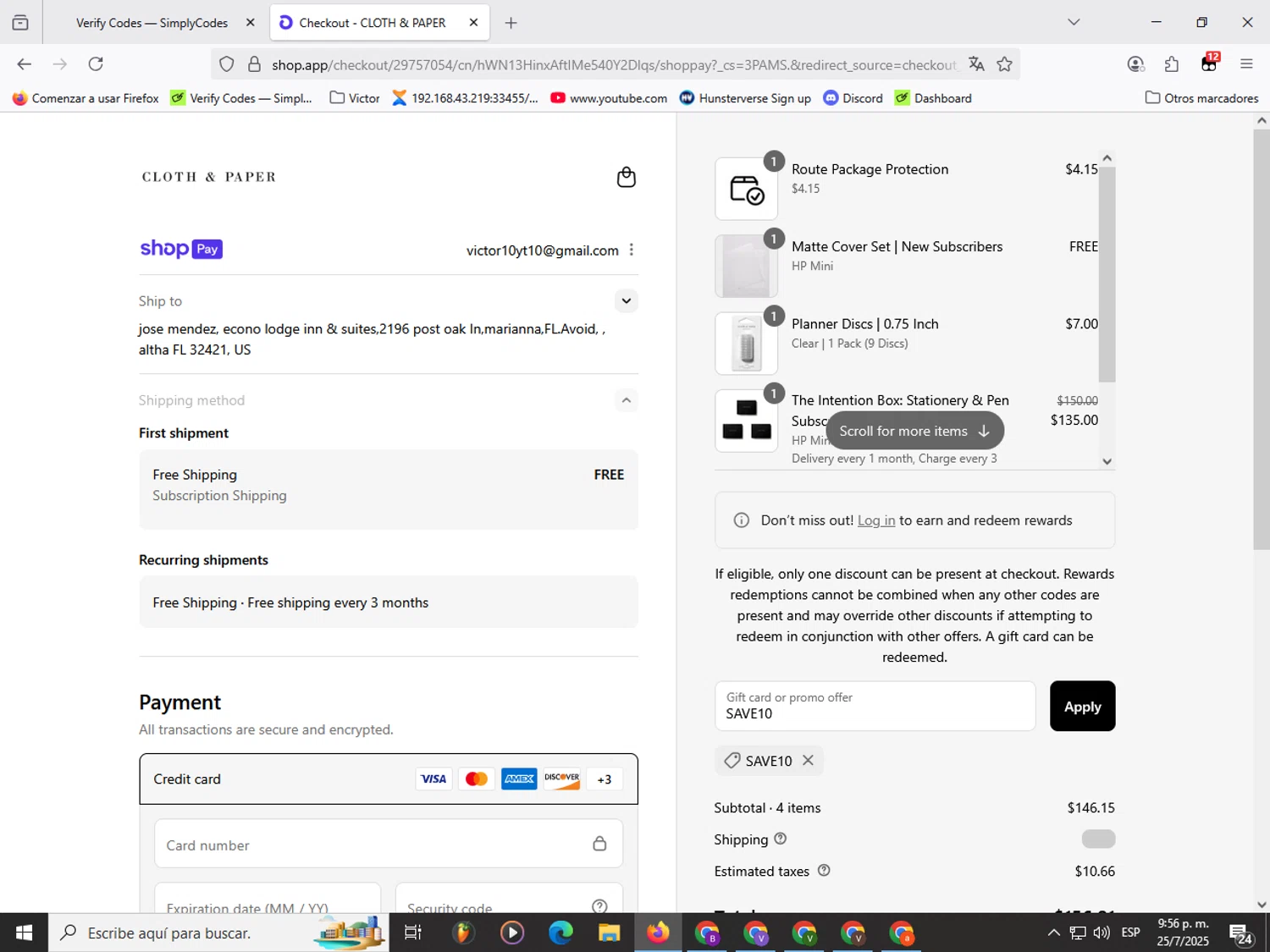 Cloth & Paper coupon code screenshot showing code SAVE10 applied at Cloth & Paper checkout page. Uploaded by SimplyCodes community member Garou_Y2K on Jul 26, 2025