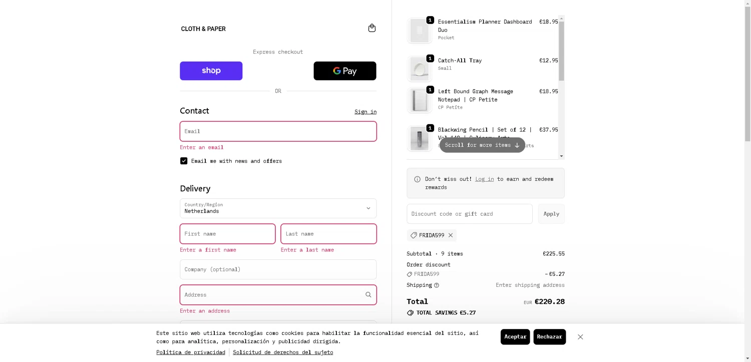 Cloth & Paper coupon code screenshot showing code FRIDA599 applied at Cloth & Paper checkout page. Uploaded by SimplyCodes community member VoucherHero1009 on Nov 3, 2025