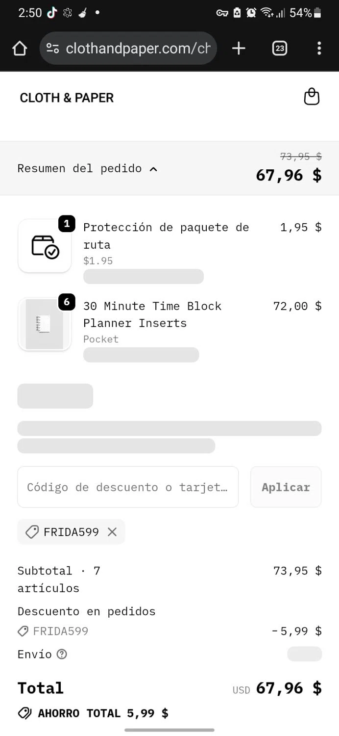 Cloth & Paper coupon code screenshot showing code FRIDA599 applied at Cloth & Paper checkout page. Uploaded by SimplyCodes community member miguelcrast on Nov 3, 2025