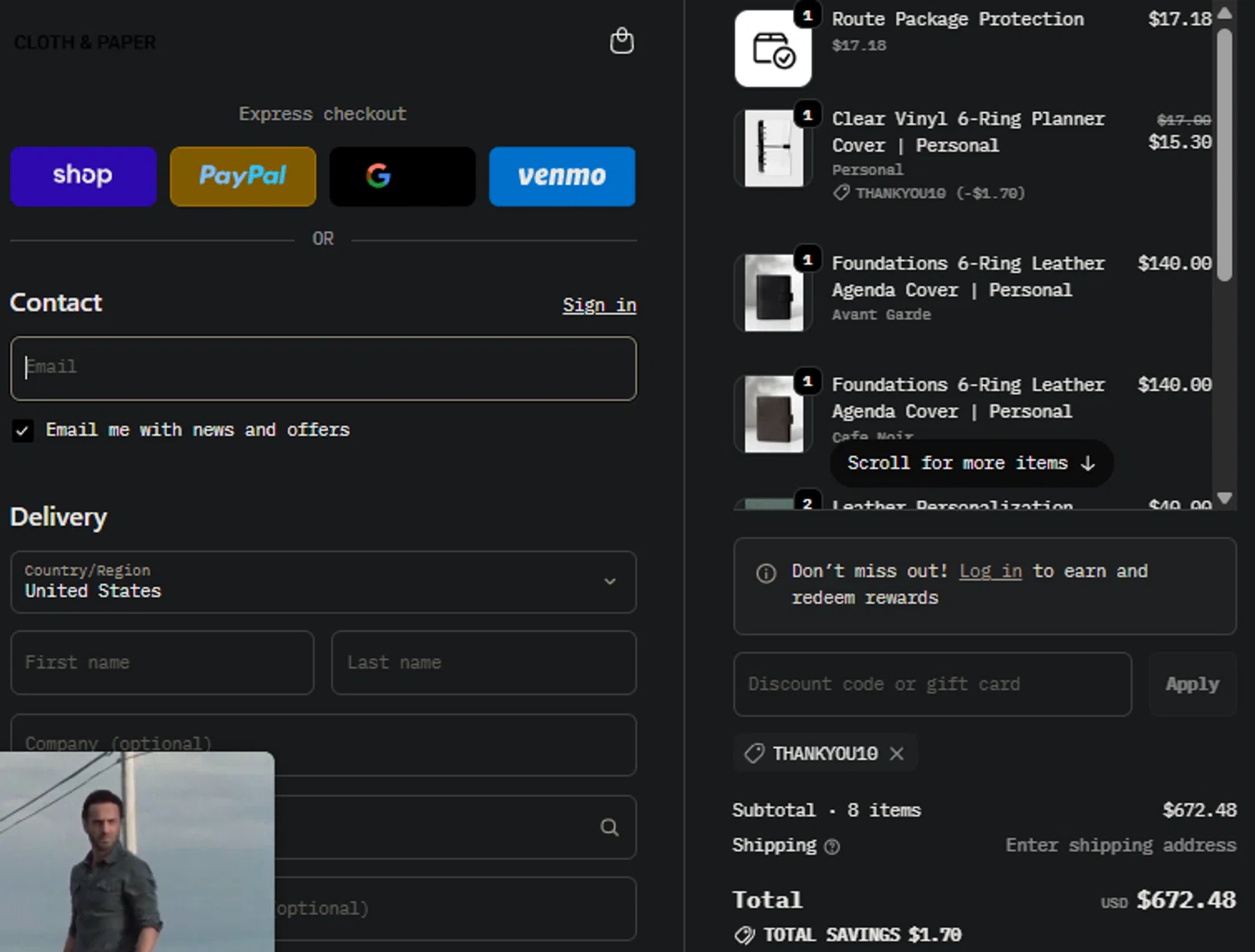 Cloth & Paper coupon code screenshot showing code THANKYOU10 applied at Cloth & Paper checkout page. Uploaded by SimplyCodes community member SpiderGwen on Nov 18, 2025