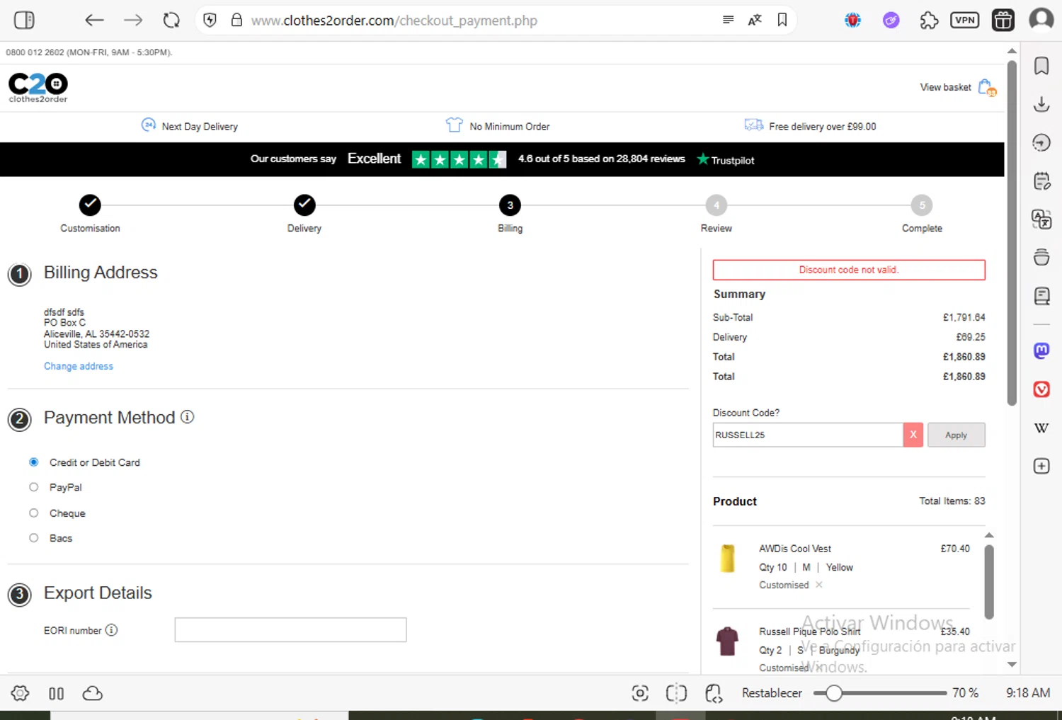 Clothes2Order discount code screenshot showing code RUSSELL25 applied at Clothes2Order checkout page. Uploaded by SimplyCodes community member luissilva2 on Oct 17, 2025