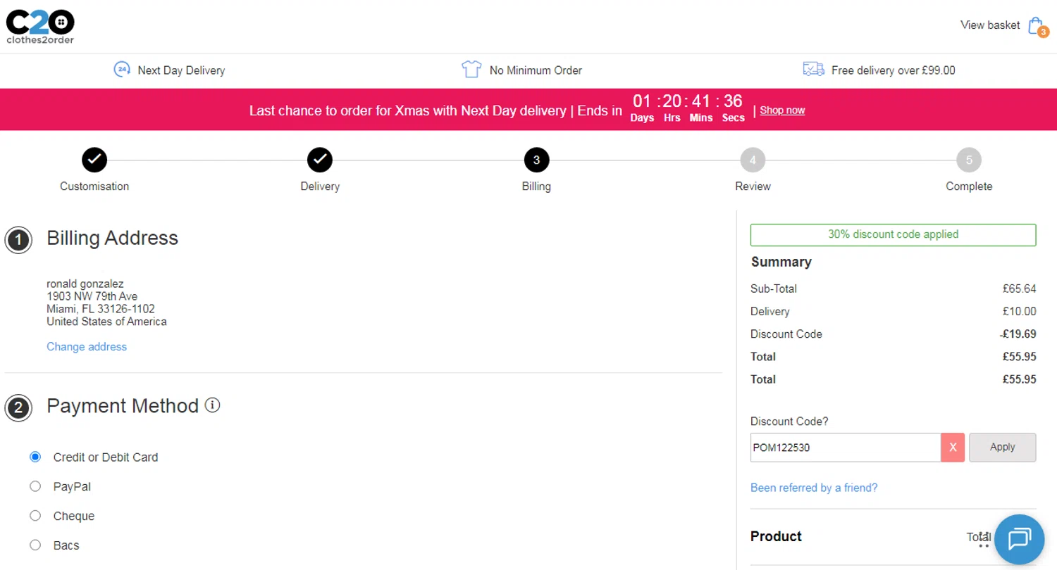 Clothes2Order discount code screenshot showing code POM122530 applied at Clothes2Order checkout page. Uploaded by SimplyCodes community member SavvyHawk656 on Dec 20, 2025