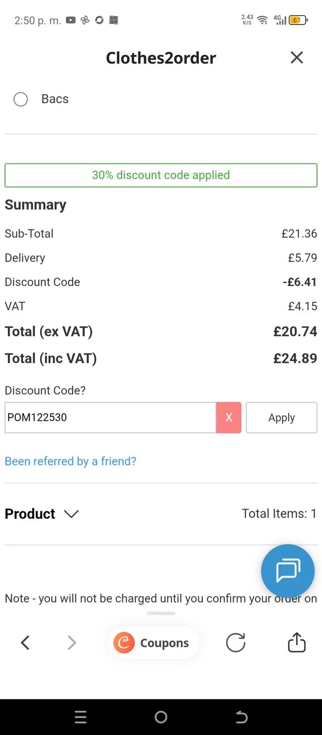 Clothes2Order discount code screenshot showing code POM122530 applied at Clothes2Order checkout page. Uploaded by SimplyCodes community member chepipi on Dec 20, 2025