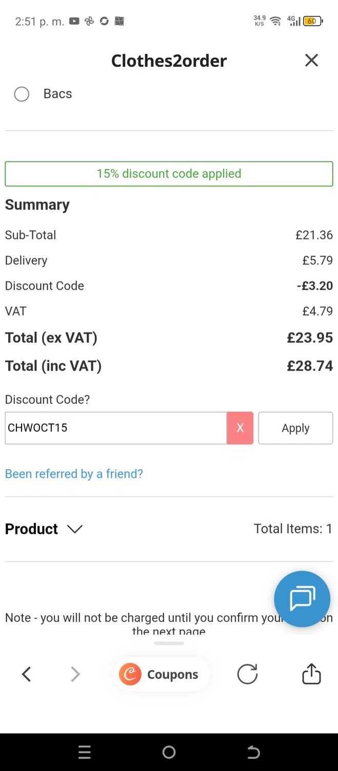 Clothes2Order discount code screenshot showing code CHWOCT15 applied at Clothes2Order checkout page. Uploaded by SimplyCodes community member chepipi on Dec 20, 2025