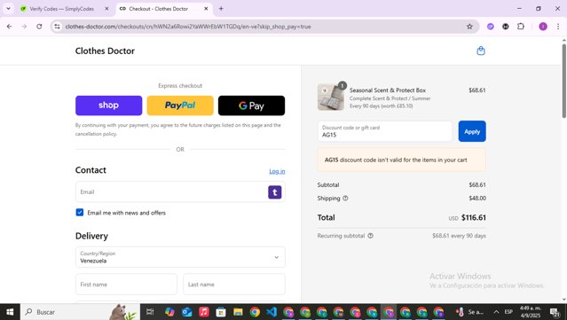 Clothes Doctor checkout page showing Clothes Doctor promo code box | Screenshot taken by SimplyCodes community member on Sep 4, 2025