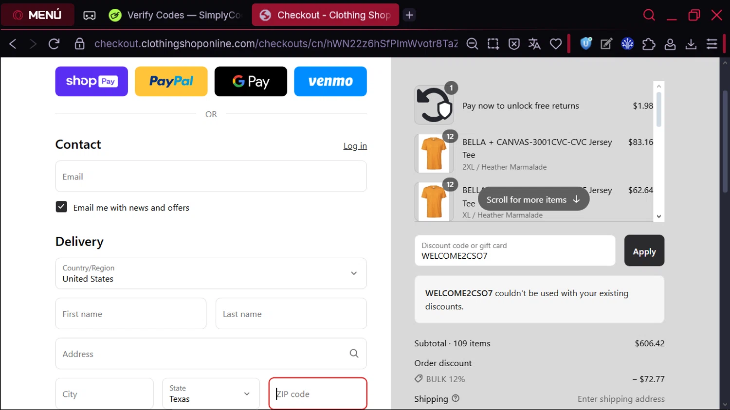 Clothing Shop Online discount code screenshot showing code WELCOME2CSO7 applied at Clothing Shop Online checkout page. Uploaded by SimplyCodes community member RewardLion134 on Aug 21, 2025