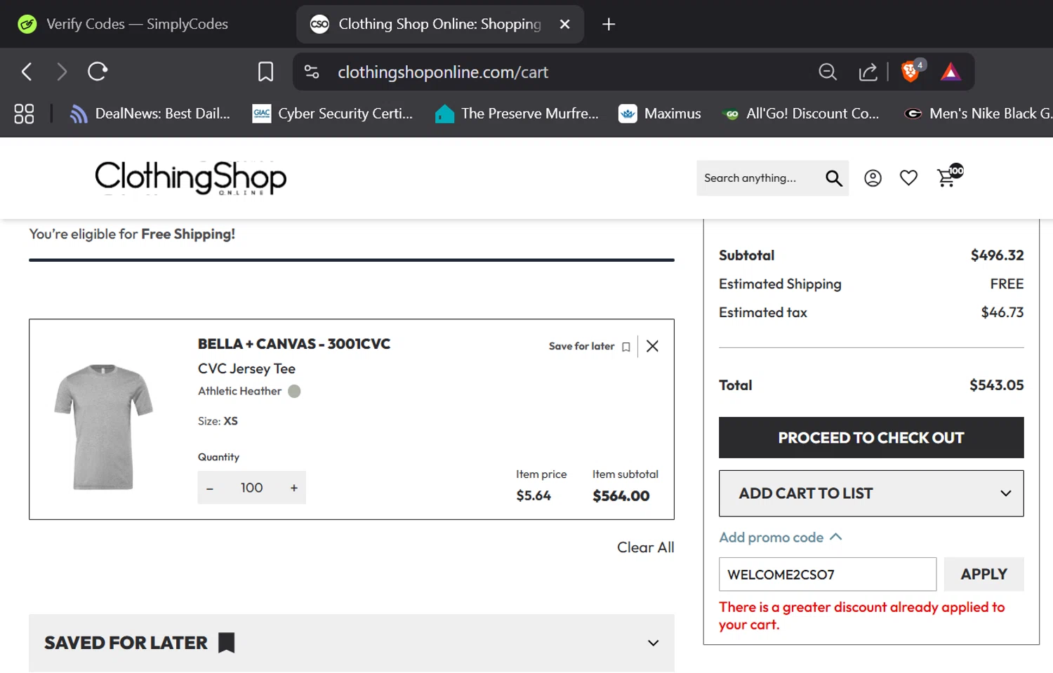 Clothing Shop Online discount code screenshot showing code WELCOME2CSO7 applied at Clothing Shop Online checkout page. Uploaded by SimplyCodes community member tronsito66 on Aug 25, 2025
