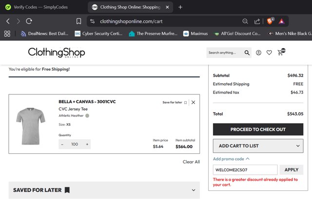 Clothing Shop Online checkout page showing Clothing Shop Online discount code box | Screenshot taken by SimplyCodes community member on Aug 25, 2025