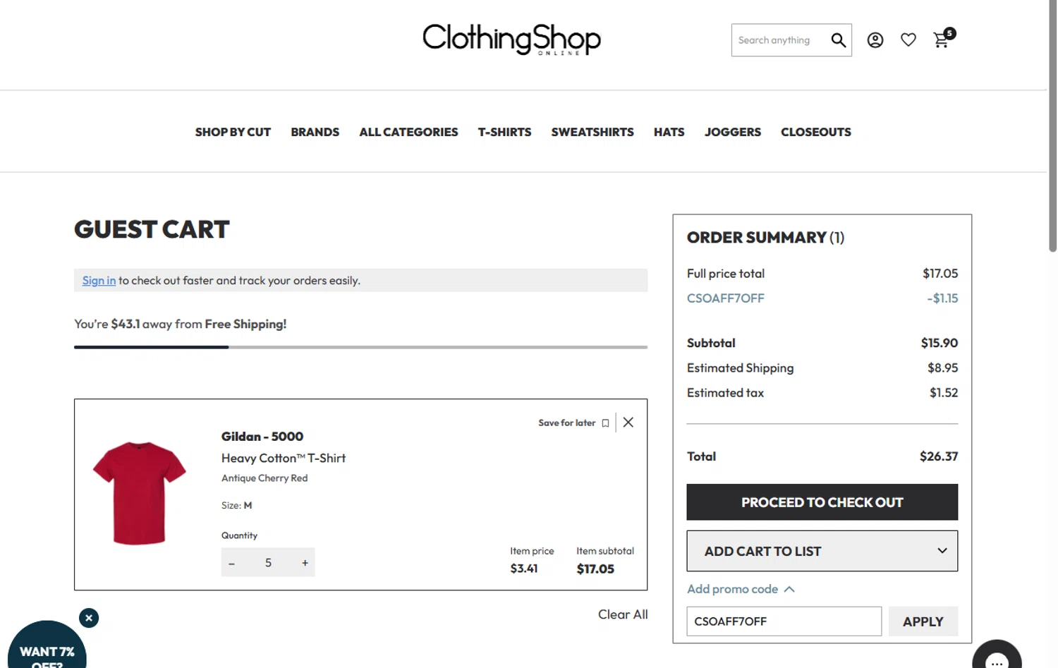 Clothing Shop Online discount code screenshot showing code CSOAFF7OFF applied at Clothing Shop Online checkout page. Uploaded by SimplyCodes community member Acidwire on Jun 6, 2025