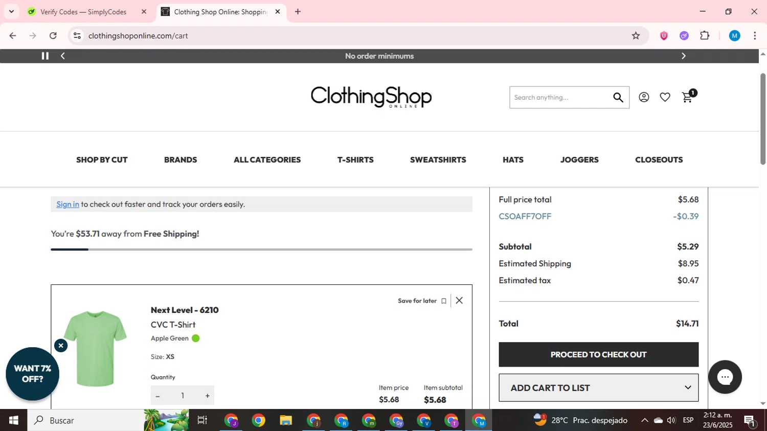 Clothing Shop Online discount code screenshot showing code CSOAFF7OFF applied at Clothing Shop Online checkout page. Uploaded by SimplyCodes community member LegendaryCurator1585 on Jun 23, 2025
