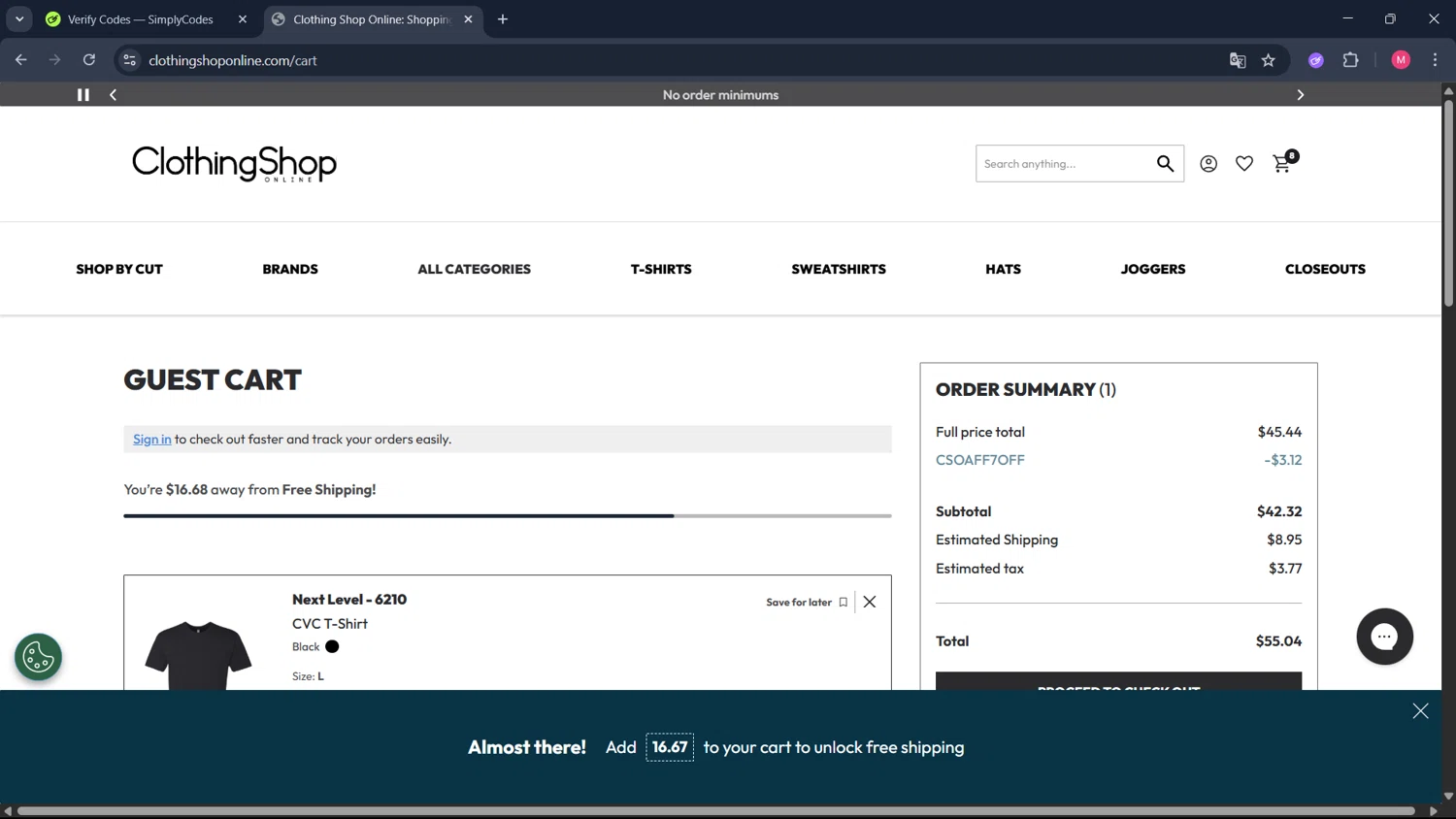 Clothing Shop Online discount code screenshot showing code CSOAFF7OFF applied at Clothing Shop Online checkout page. Uploaded by SimplyCodes community member ValueCollector4159 on Jul 26, 2025