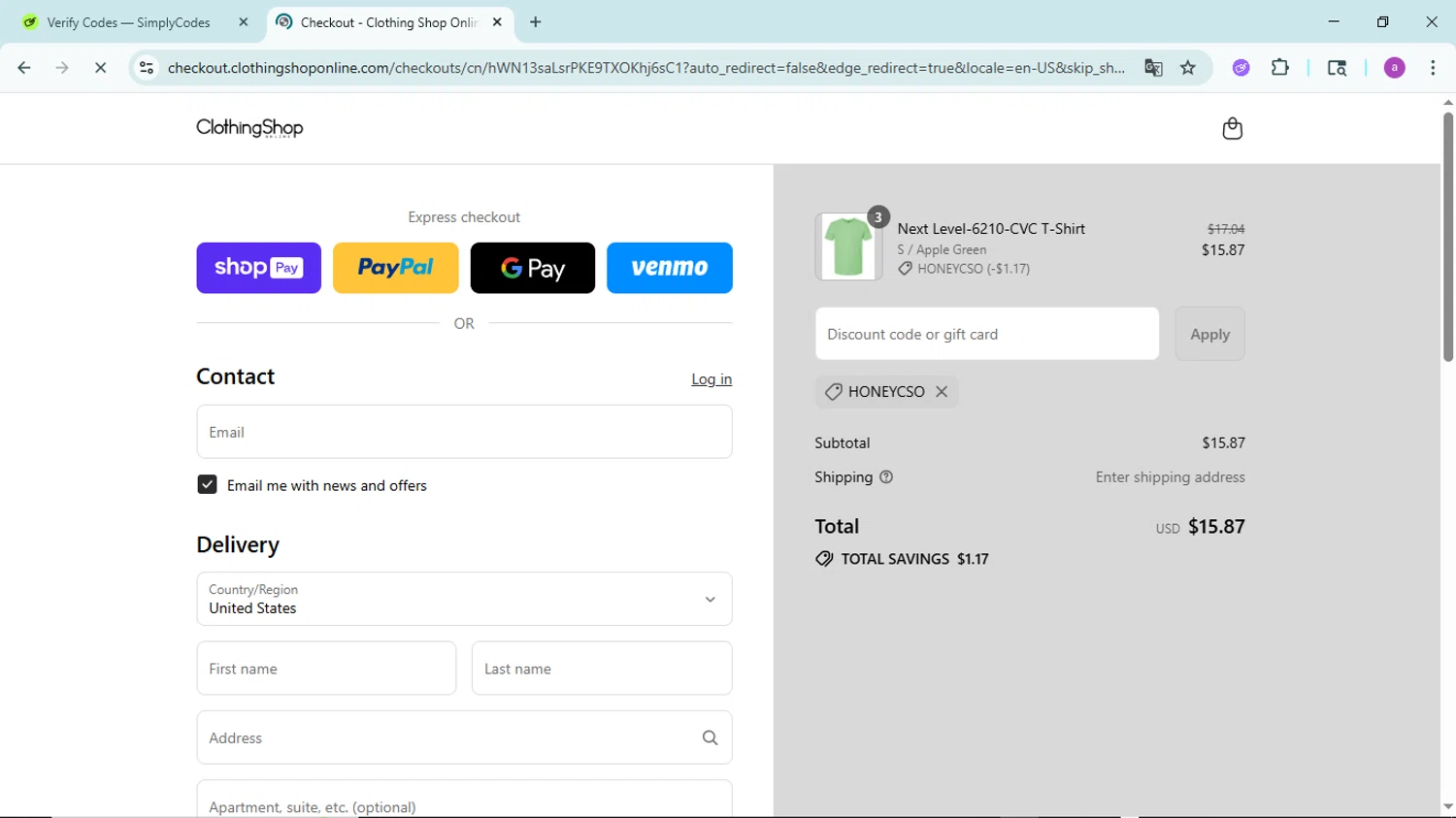 Clothing Shop Online discount code screenshot showing code HONEYCSO applied at Clothing Shop Online checkout page. Uploaded by SimplyCodes community member PennyBoss9589 on Jul 26, 2025