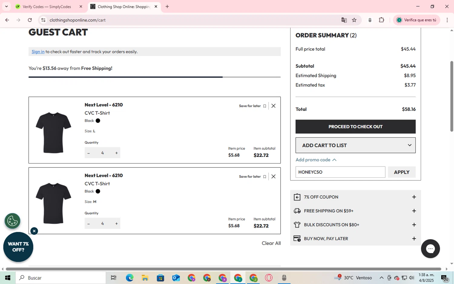 Clothing Shop Online discount code screenshot showing code HONEYCSO applied at Clothing Shop Online checkout page. Uploaded by SimplyCodes community member SmartShopper4328 on Aug 3, 2025
