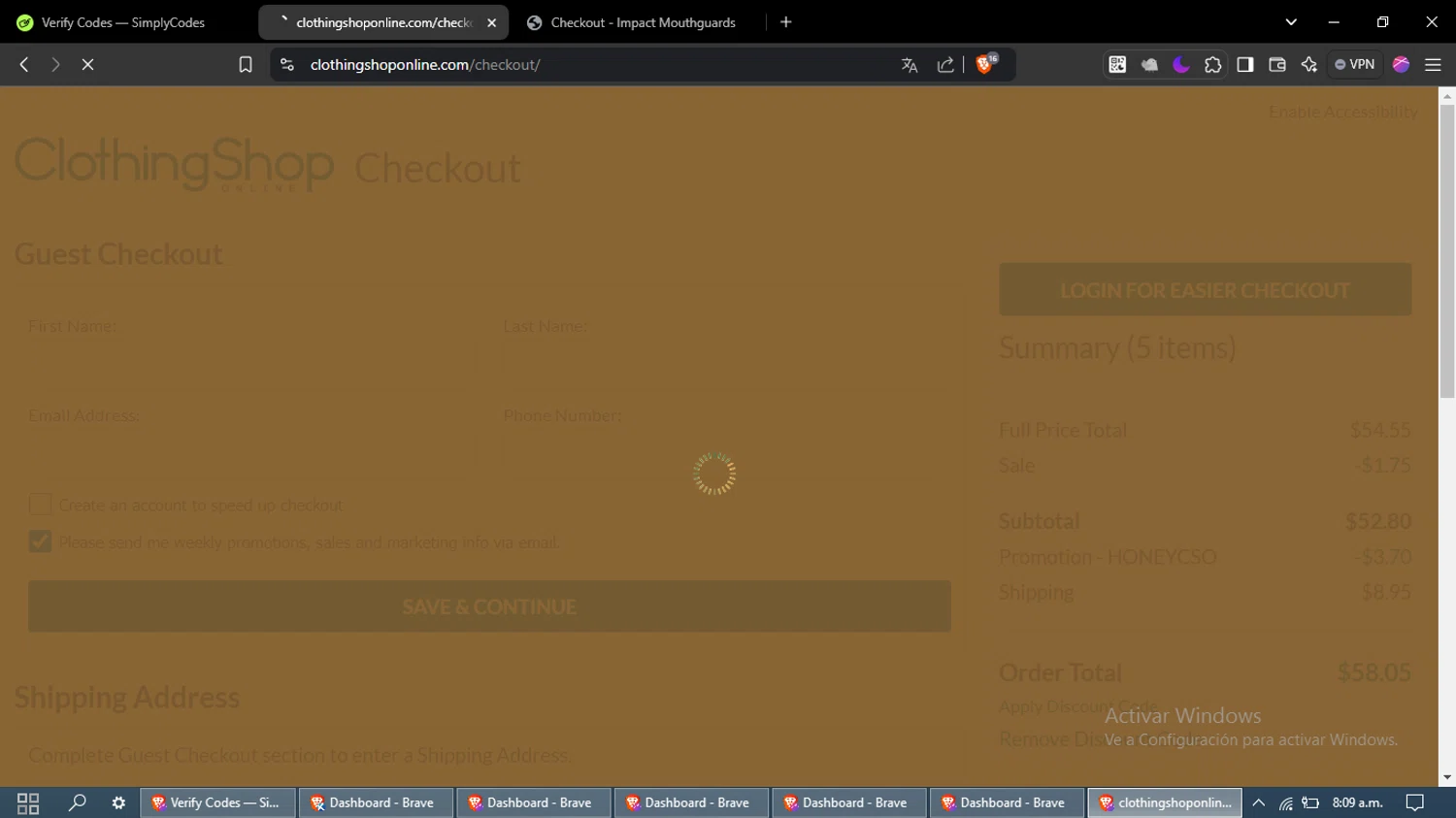 Clothing Shop Online discount code screenshot showing code HONEYCSO applied at Clothing Shop Online checkout page. Uploaded by SimplyCodes community member maximoarquimedes on Jan 7, 2025