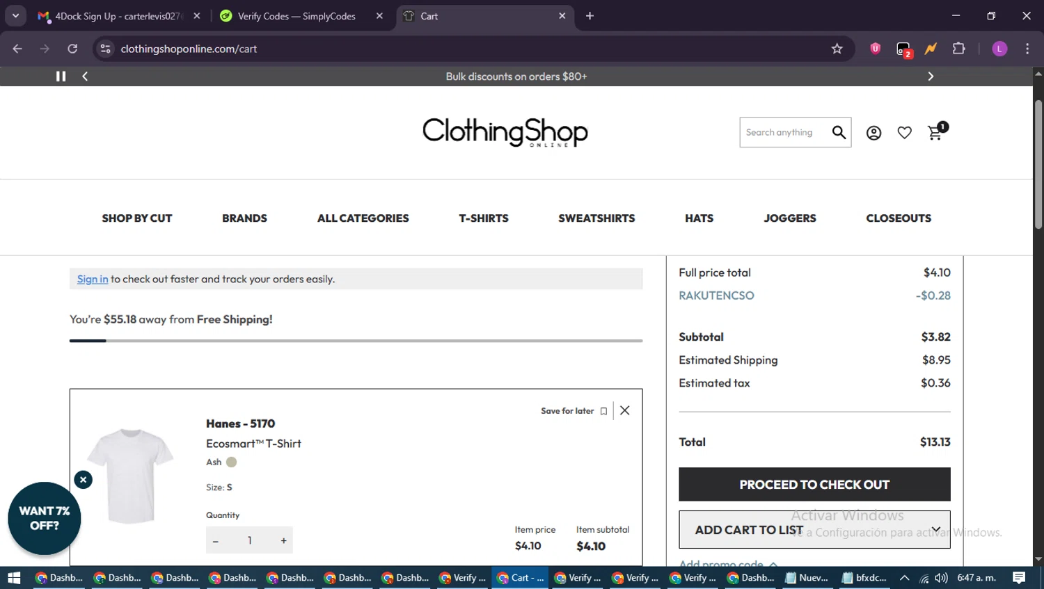 Clothing Shop Online discount code screenshot showing code RAKUTENCSO applied at Clothing Shop Online checkout page. Uploaded by SimplyCodes community member RewardScout5160 on May 31, 2025