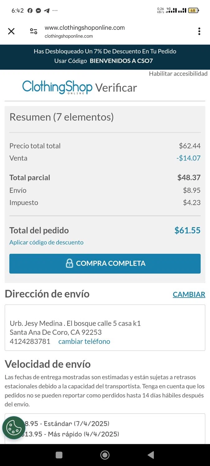 Clothing Shop Online discount code screenshot showing code RAKUTENCSO applied at Clothing Shop Online checkout page. Uploaded by SimplyCodes community member Theking on Apr 3, 2025
