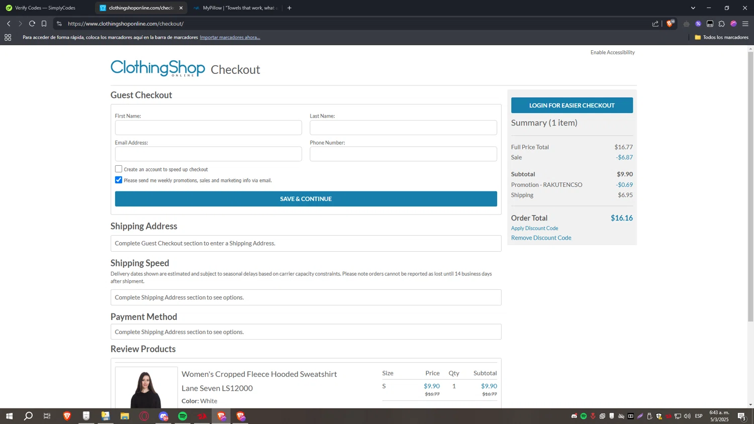 Clothing Shop Online discount code screenshot showing code RAKUTENCSO applied at Clothing Shop Online checkout page. Uploaded by SimplyCodes community member CoinHawk6938 on Mar 5, 2025