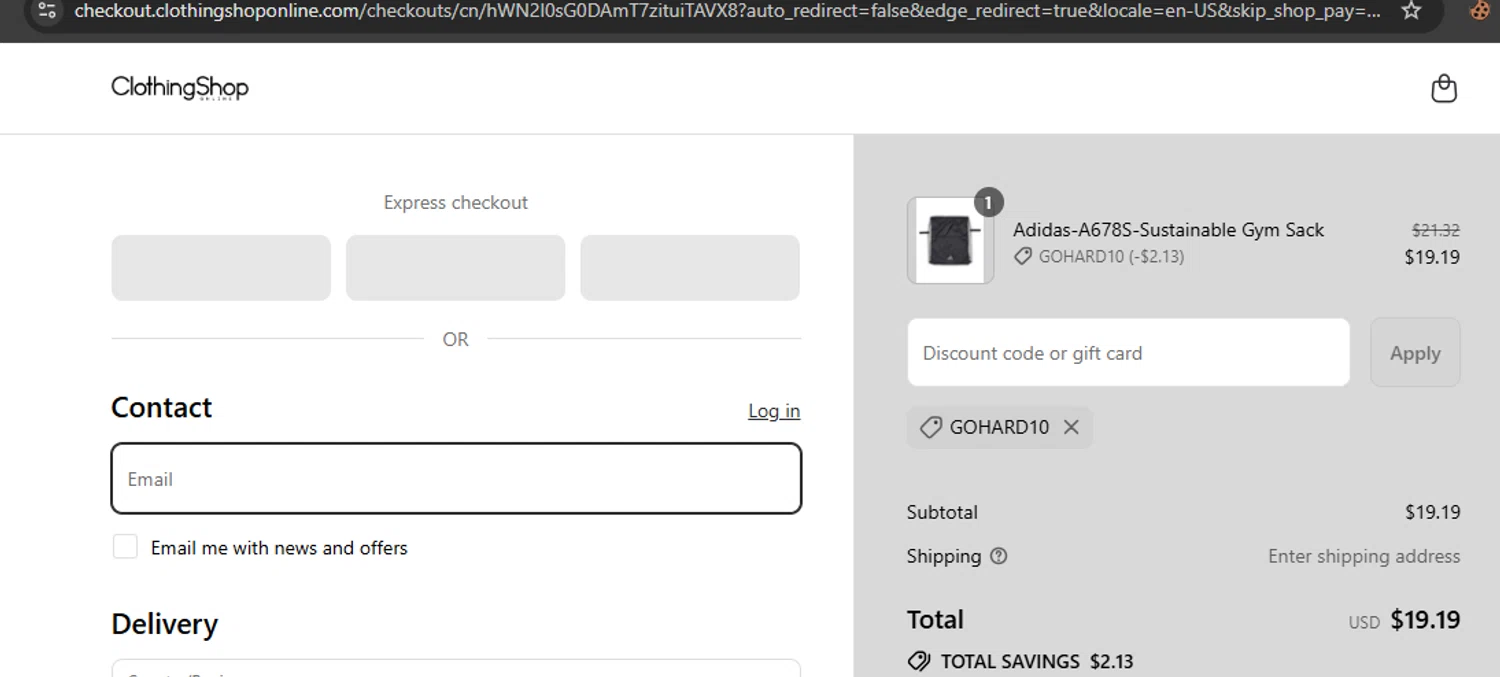 Clothing Shop Online discount code screenshot showing code GOHARD10 applied at Clothing Shop Online checkout page. Uploaded by SimplyCodes community member javierprez on Aug 27, 2025