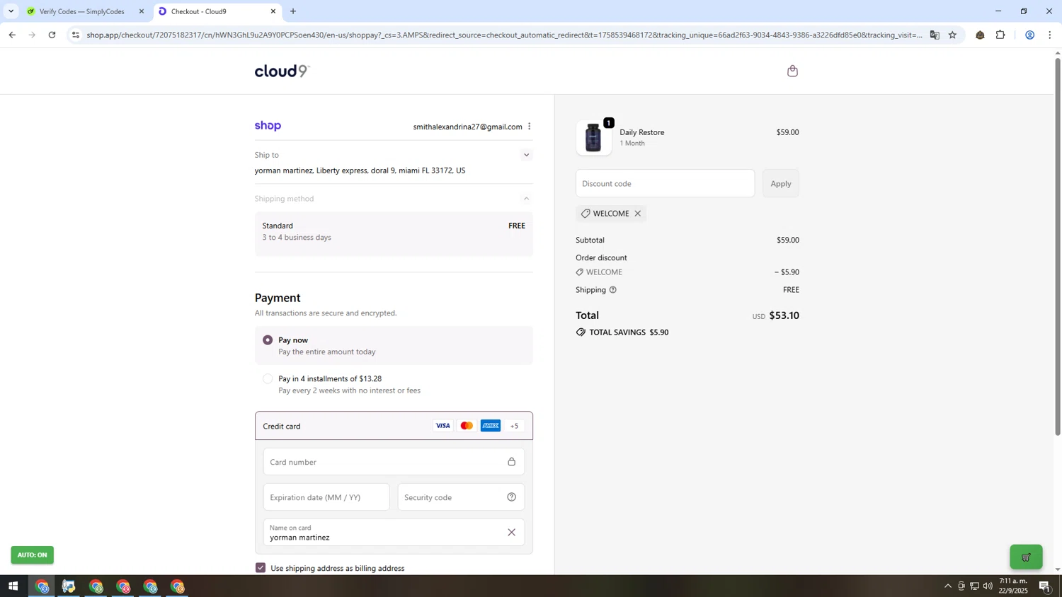 Cloud9 Daily Restore promo code screenshot showing code WELCOME applied at Cloud9 Daily Restore checkout page. Uploaded by SimplyCodes community member INSECTOS on Sep 22, 2025