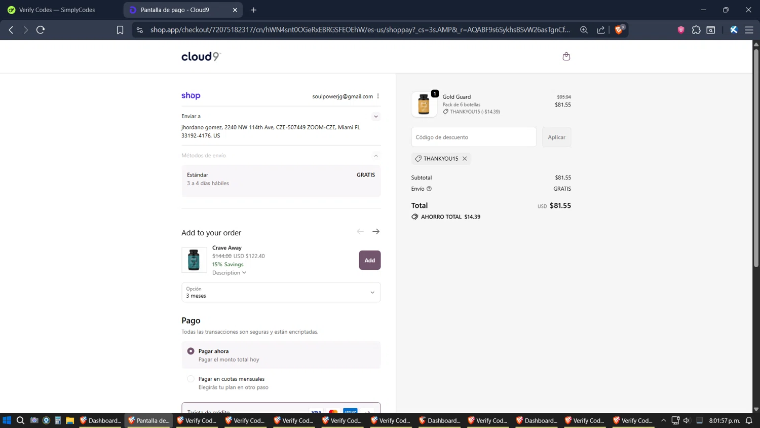 Cloud9 Daily Restore promo code screenshot showing code THANKYOU15 applied at Cloud9 Daily Restore checkout page. Uploaded by SimplyCodes community member verifier_983798000 on Nov 4, 2025