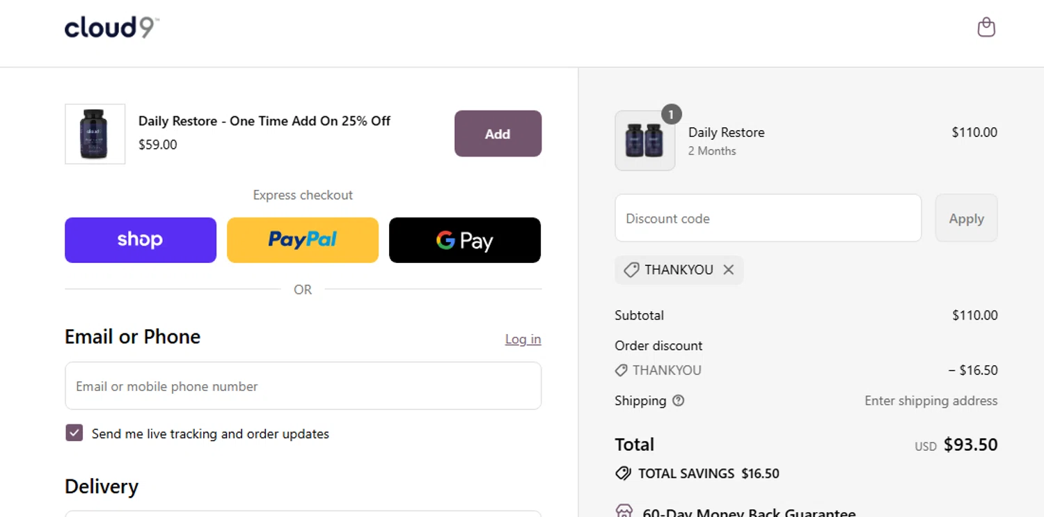 Cloud9 Daily Restore promo code screenshot showing code THANKYOU applied at Cloud9 Daily Restore checkout page. Uploaded by SimplyCodes community member Jhonny on Aug 30, 2025
