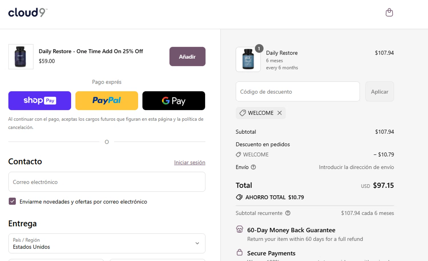 Cloud9 Daily Restore promo code screenshot showing code WELCOME applied at Cloud9 Daily Restore checkout page. Uploaded by SimplyCodes community member aumentadax10 on Aug 24, 2025