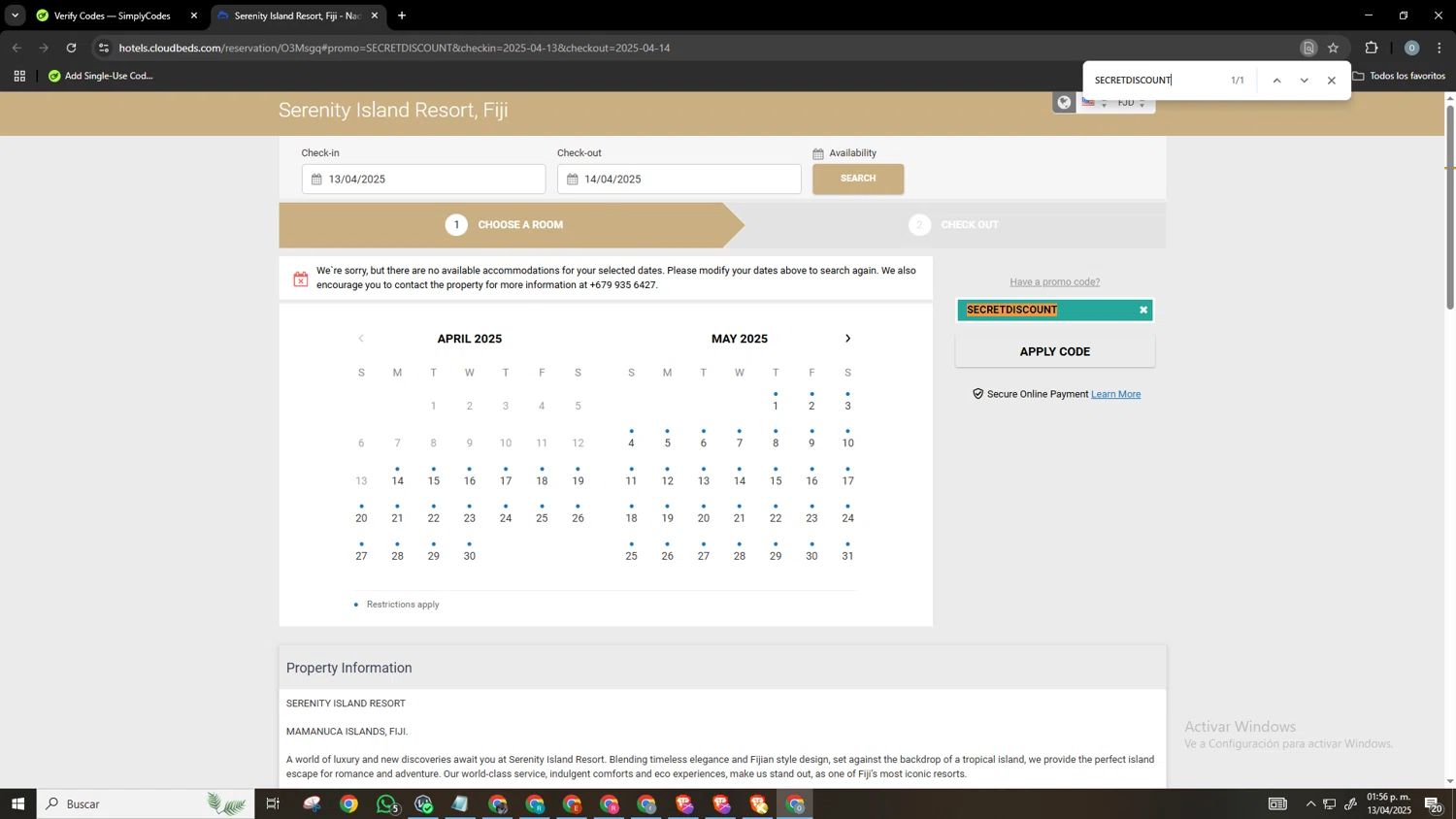 Cloudbeds promo code screenshot showing code SECRETDISCOUNT applied at Cloudbeds checkout page. Uploaded by SimplyCodes community member Neonvalo on Apr 13, 2025