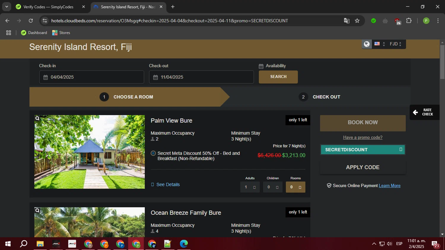 Cloudbeds promo code screenshot showing code SECRETDISCOUNT applied at Cloudbeds checkout page. Uploaded by SimplyCodes community member FortunateTiger3302 on Apr 2, 2025