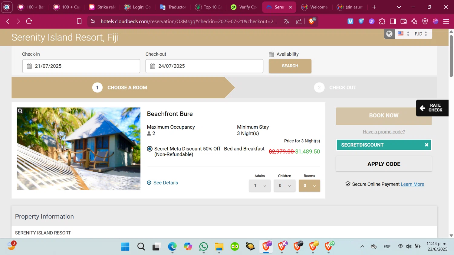 Cloudbeds promo code screenshot showing code SECRETDISCOUNT applied at Cloudbeds checkout page. Uploaded by SimplyCodes community member ShrewdMonarch4436 on Jun 24, 2025