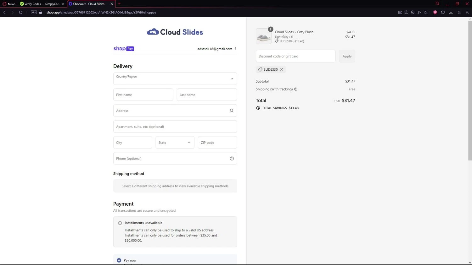 Cloud Slides discount code screenshot showing code SLIDES30 applied at Cloud Slides checkout page. Uploaded by SimplyCodes community member LegendarySeeker3956 on Aug 28, 2025