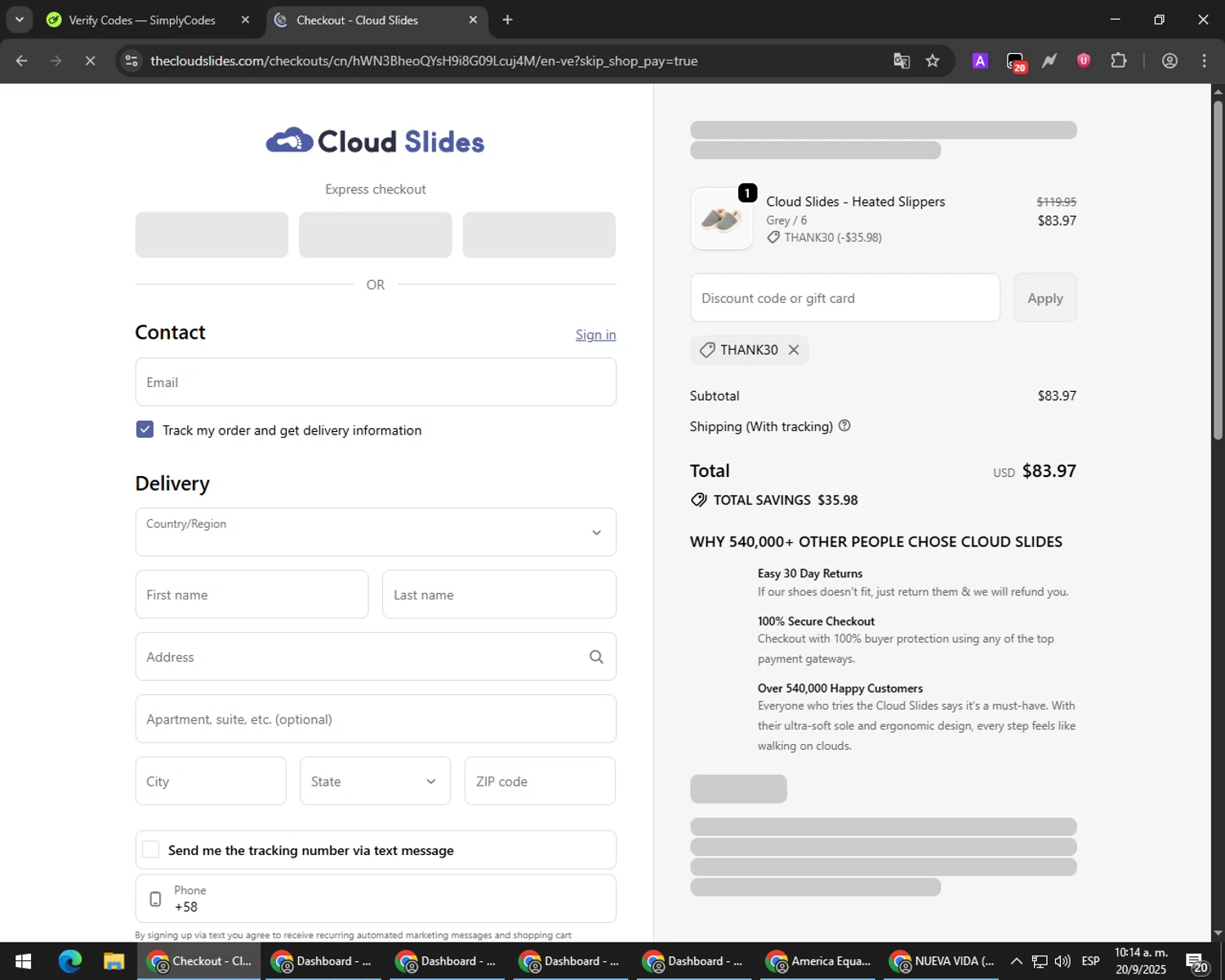 Cloud Slides discount code screenshot showing code THANK30 applied at Cloud Slides checkout page. Uploaded by SimplyCodes community member RebateCaptain6440 on Sep 20, 2025