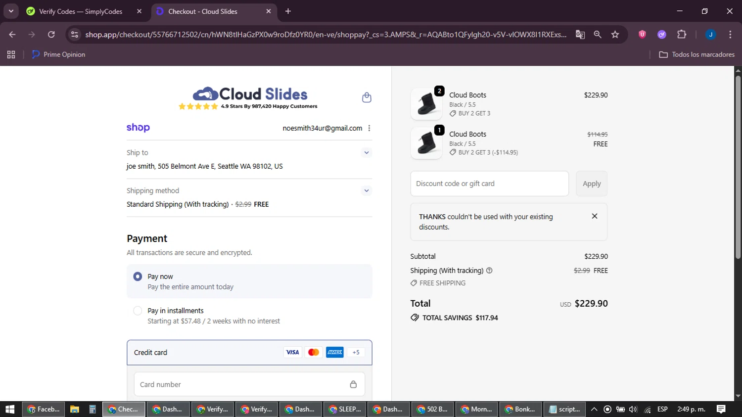 Cloud Slides discount code screenshot showing code thanks applied at Cloud Slides checkout page. Uploaded by SimplyCodes community member noesmith34ur on Feb 17, 2026